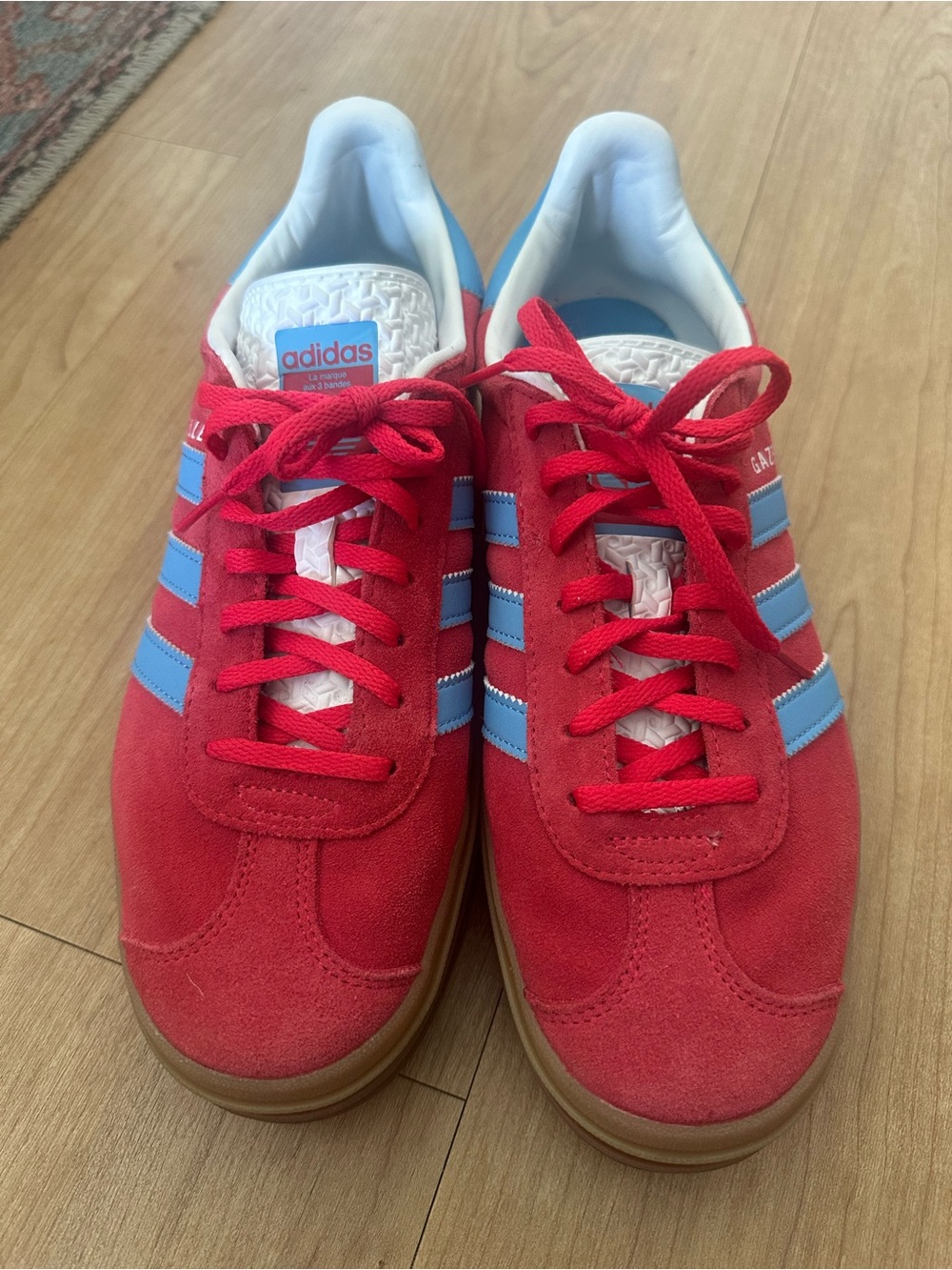 adidas Women’s Gazelle Suede Sneakers in Red with Light Blue Stripes